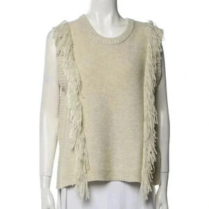Intermix Sweater White Short Sleeve Wool and Cashmere Fringe Size Extra Small
